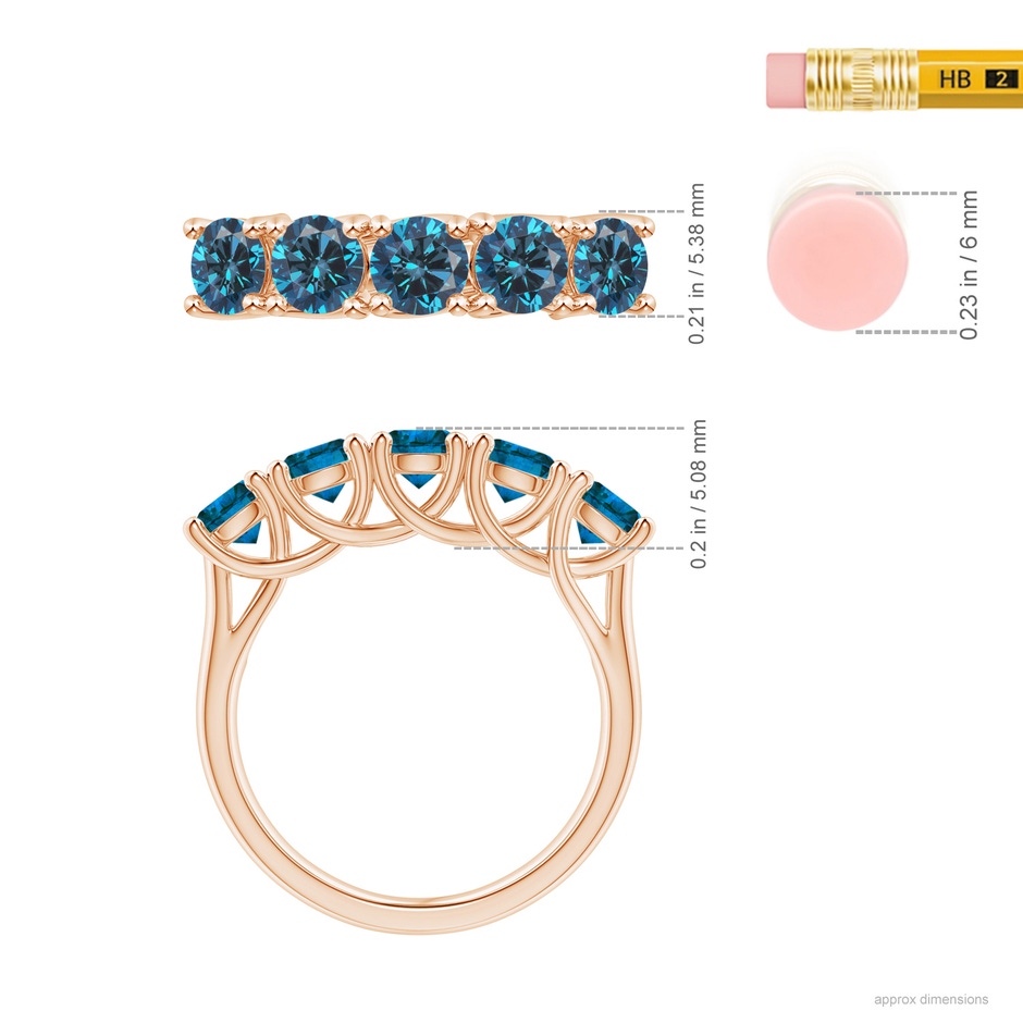 4.5mm AAA Half Eternity Five Stone Enhanced Blue Diamond Wedding Ring in Rose Gold ruler