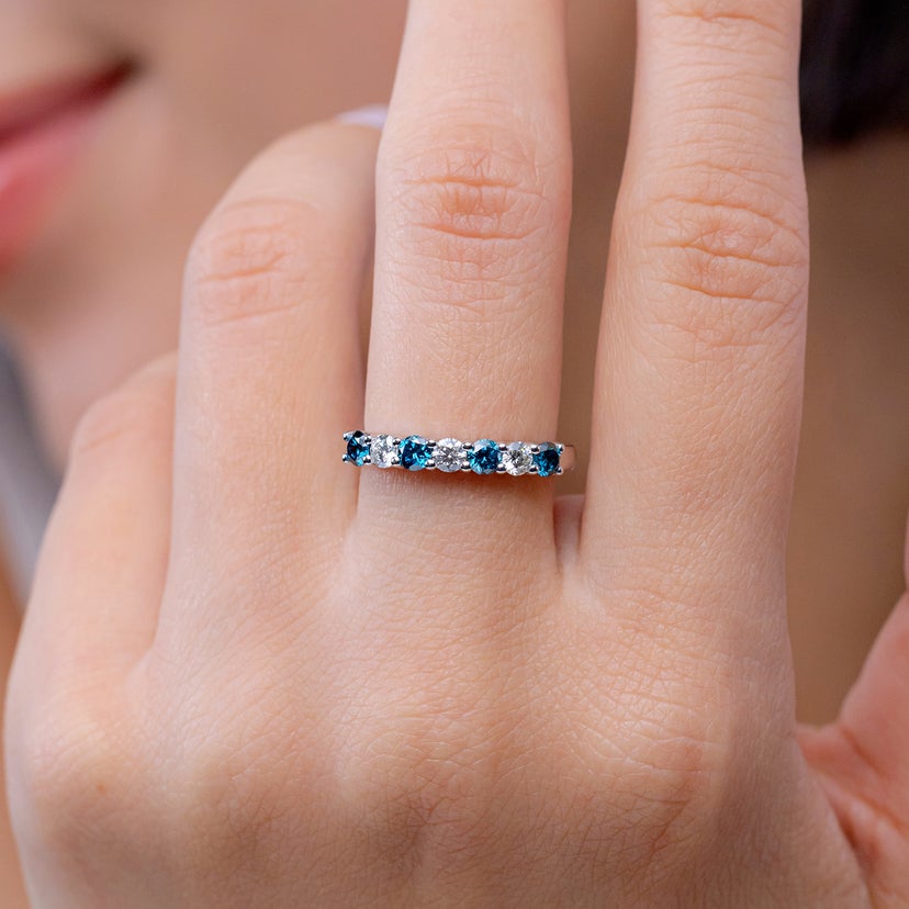 Seven Stone Enhanced Blue and White Diamond Wedding Ring