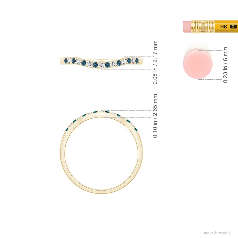 1.2mm AA Round Blue and White Diamond Contour Wedding Ring in 18K Yellow Gold ruler