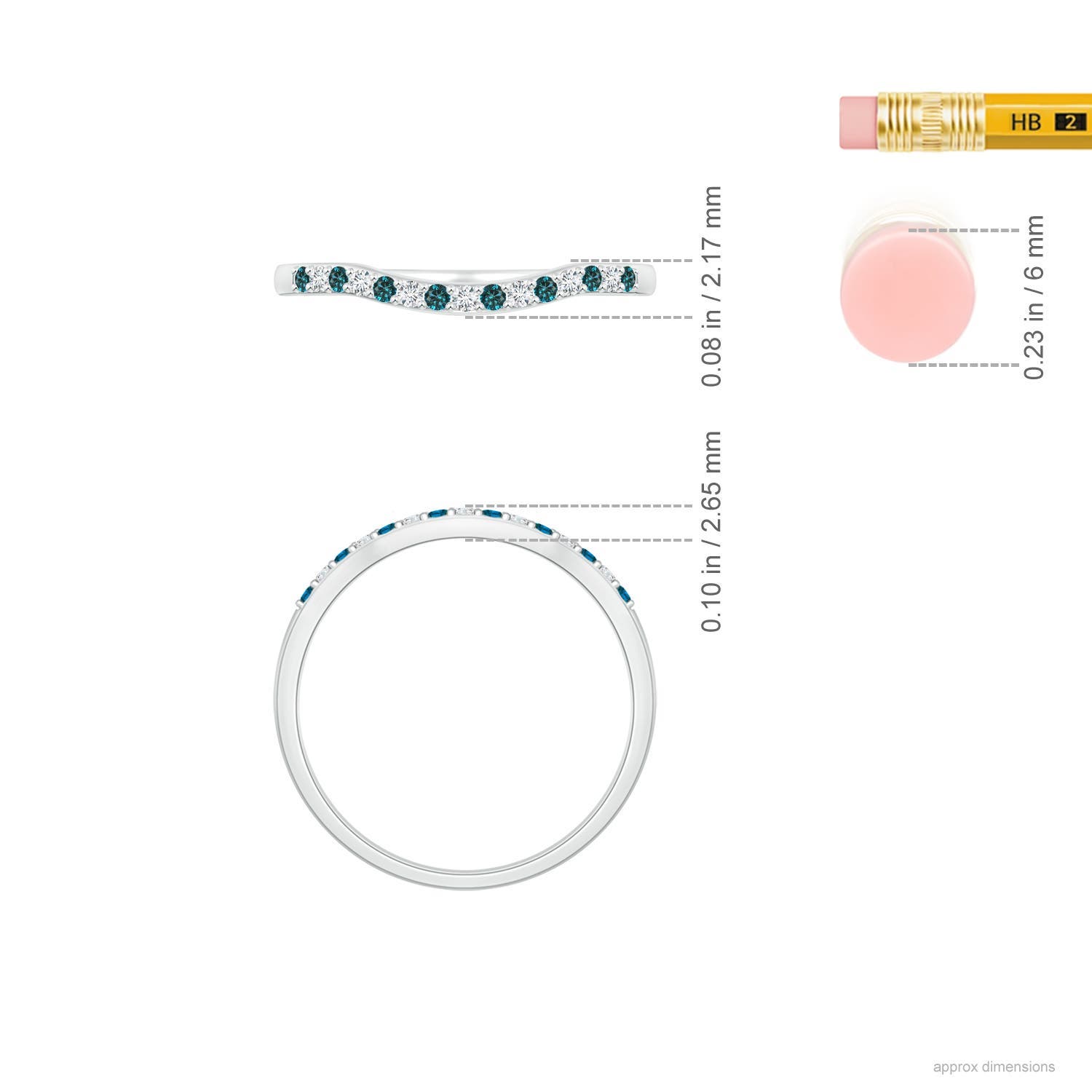 1.2mm AAA Round Blue and White Diamond Contour Wedding Ring in 18K White Gold - ruler