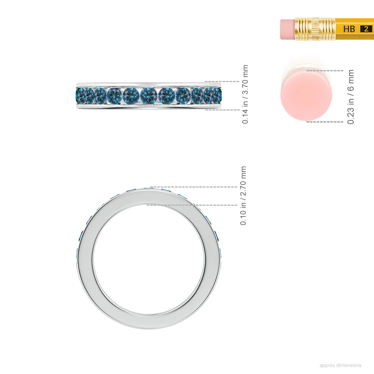 2.1mm AAA Channel Set Round Enhanced Blue Diamond Half Eternity Ring in 18K White Gold - ruler