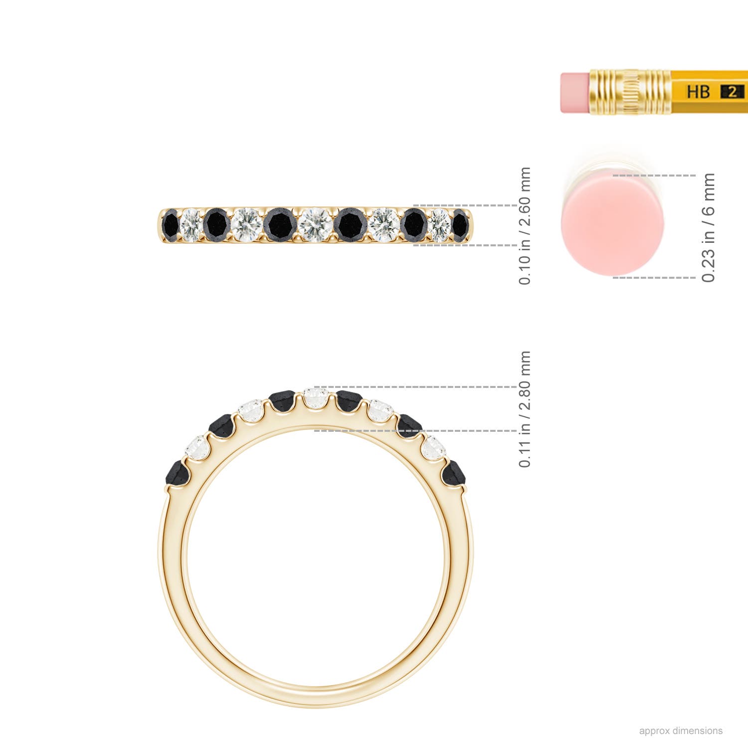 2.1mm A Prong-Set White and Enhanced Black Diamond Half Eternity Ring in Yellow Gold - ruler