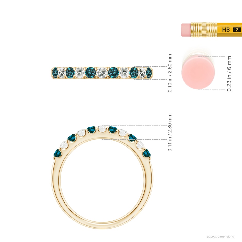 2.1mm AA Prong-Set White and Enhanced Blue Diamond Half Eternity Ring in Yellow Gold ruler