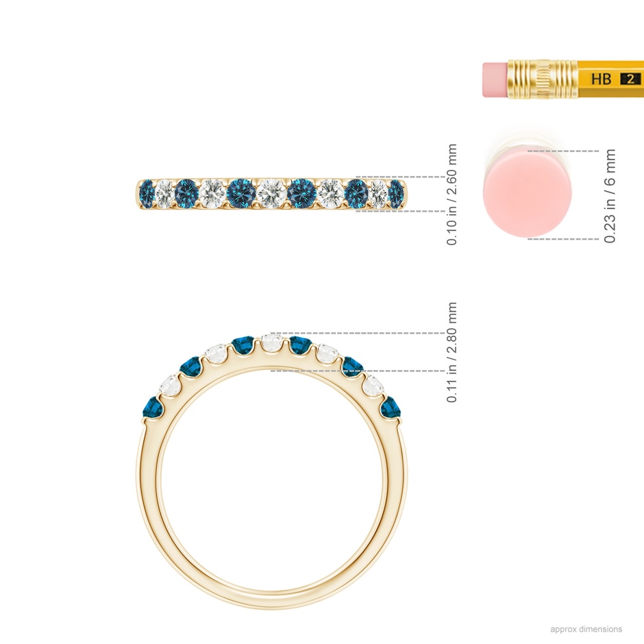 2.1mm AAA Prong-Set White and Enhanced Blue Diamond Half Eternity Ring in Yellow Gold ruler