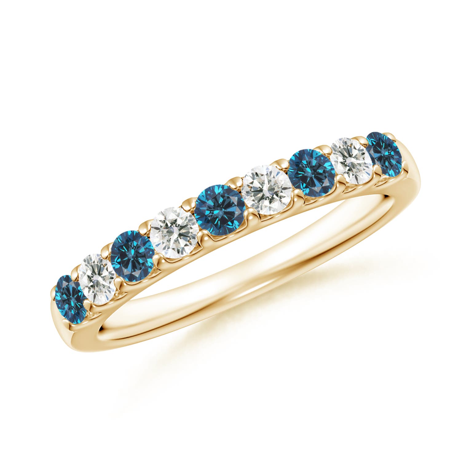 2.5mm AAA Prong-Set White and Enhanced Blue Diamond Half Eternity Ring in Yellow Gold