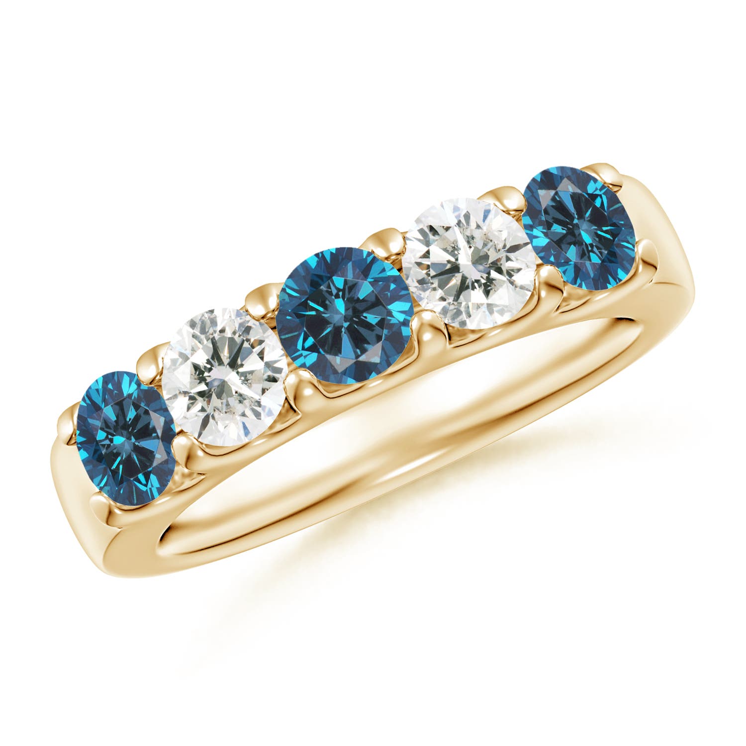 4.2mm AAA Prong-Set White and Enhanced Blue Diamond Half Eternity Ring in Yellow Gold