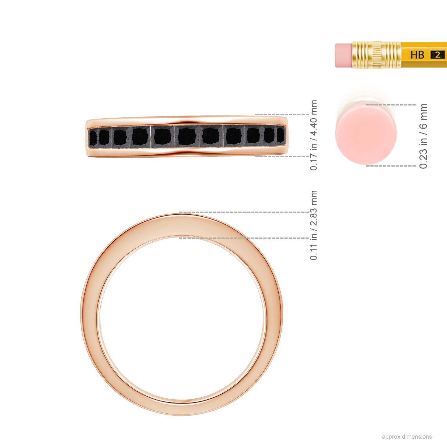 2.4mm A Channel Set Princess Enhanced Black Diamond Half Eternity Ring in Rose Gold - ruler