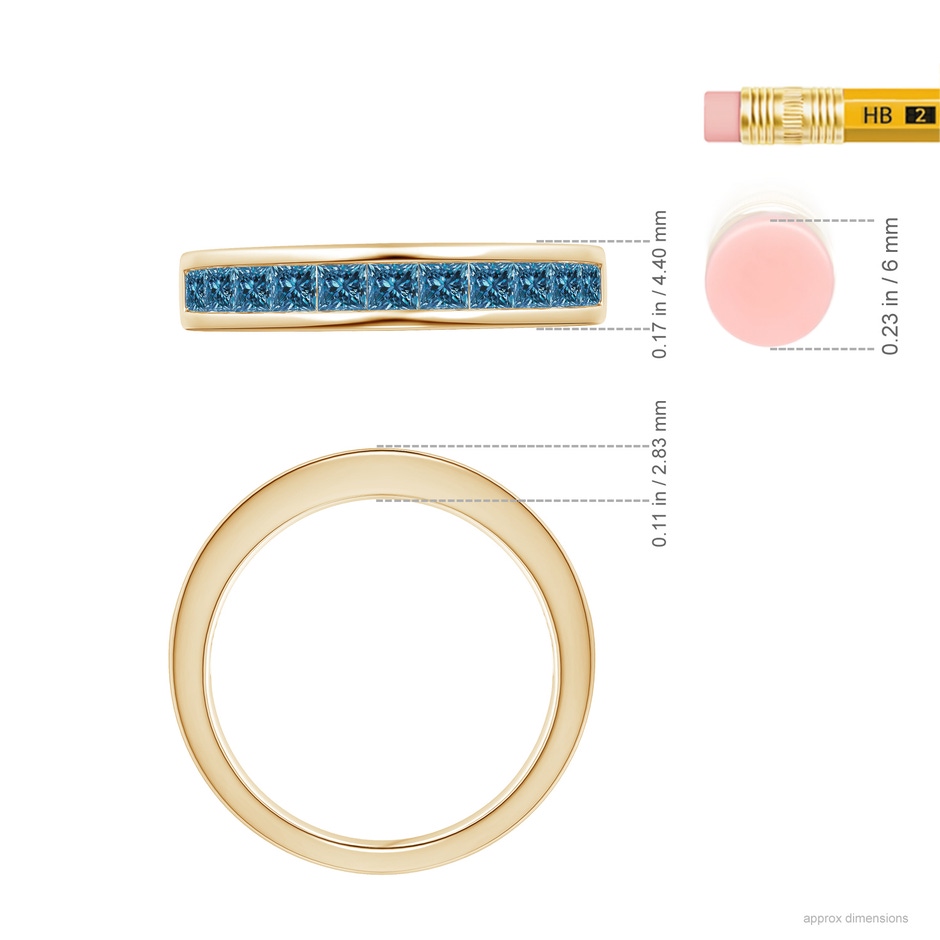 2.4mm AAA Channel Set Princess Enhanced Blue Diamond Half Eternity Ring in 18K Yellow Gold ruler