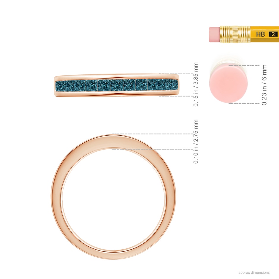 2mm AA Channel Set Princess Enhanced Blue Diamond Half Eternity Ring in 18K Rose Gold ruler