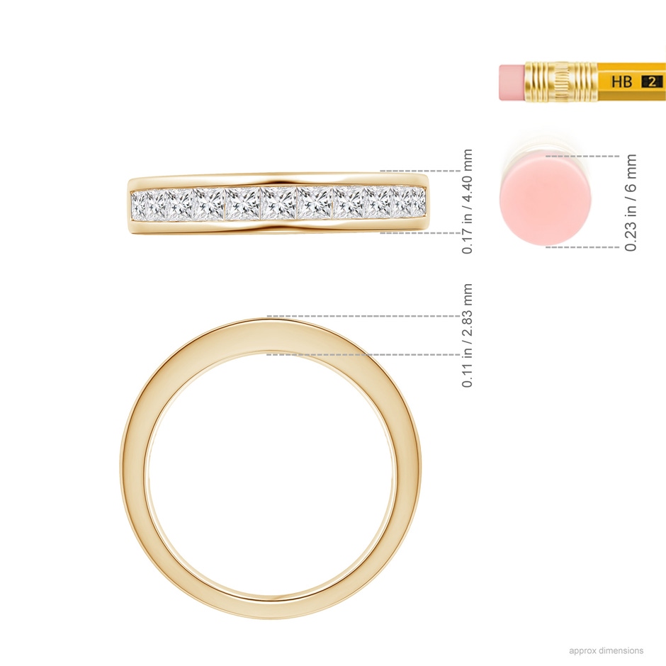 2.4mm HSI2 Channel Set Princess Diamond Half Eternity Wedding Ring in 18K Yellow Gold ruler