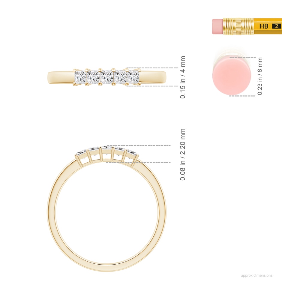 2.1mm HSI2 Classic Five Stone Princess Diamond Wedding Ring for Her in Yellow Gold ruler
