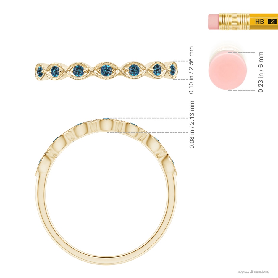 1.5mm AAA Pave Set Round Enhanced Blue Diamond Milgrain Wedding Ring in Yellow Gold ruler