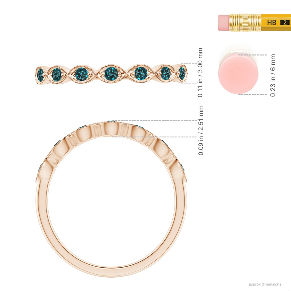 1.9mm AA Pave Set Round Enhanced Blue Diamond Milgrain Wedding Ring in 18K Rose Gold ruler