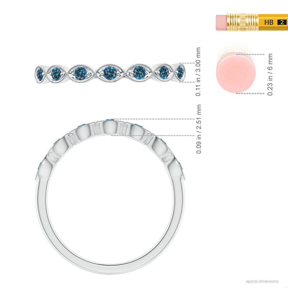 1.9mm AAA Pave Set Round Enhanced Blue Diamond Milgrain Wedding Ring in P950 Platinum ruler