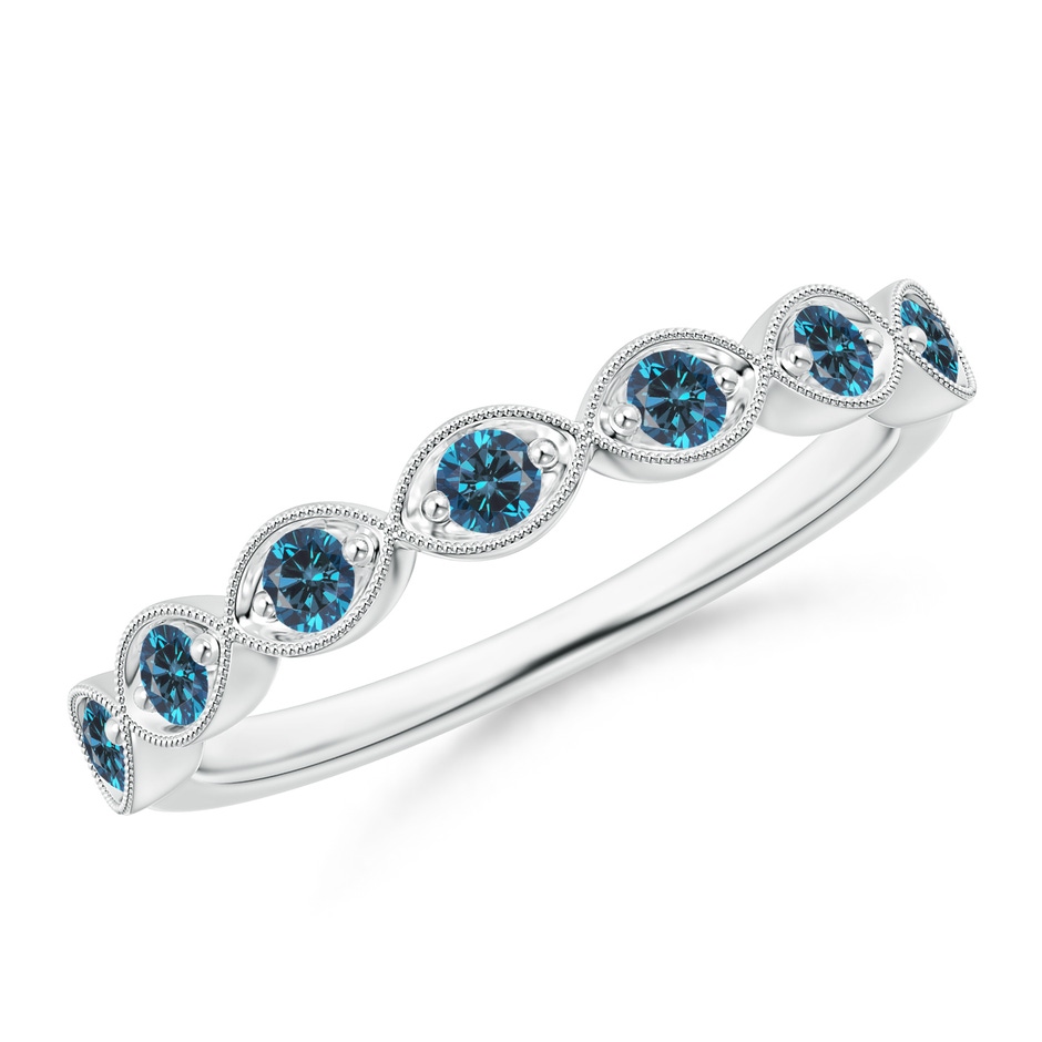 2.2mm AAA Pave Set Round Enhanced Blue Diamond Milgrain Wedding Ring in 18K White Gold 