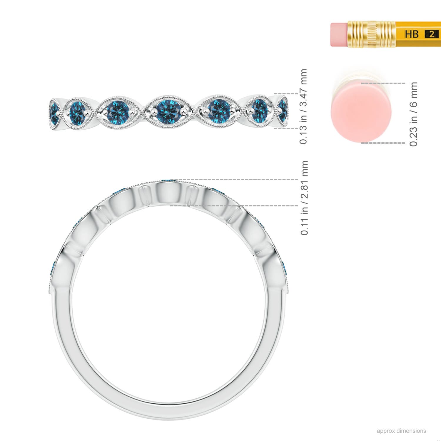 2.2mm AAA Pave Set Round Enhanced Blue Diamond Milgrain Wedding Ring in 18K White Gold - ruler