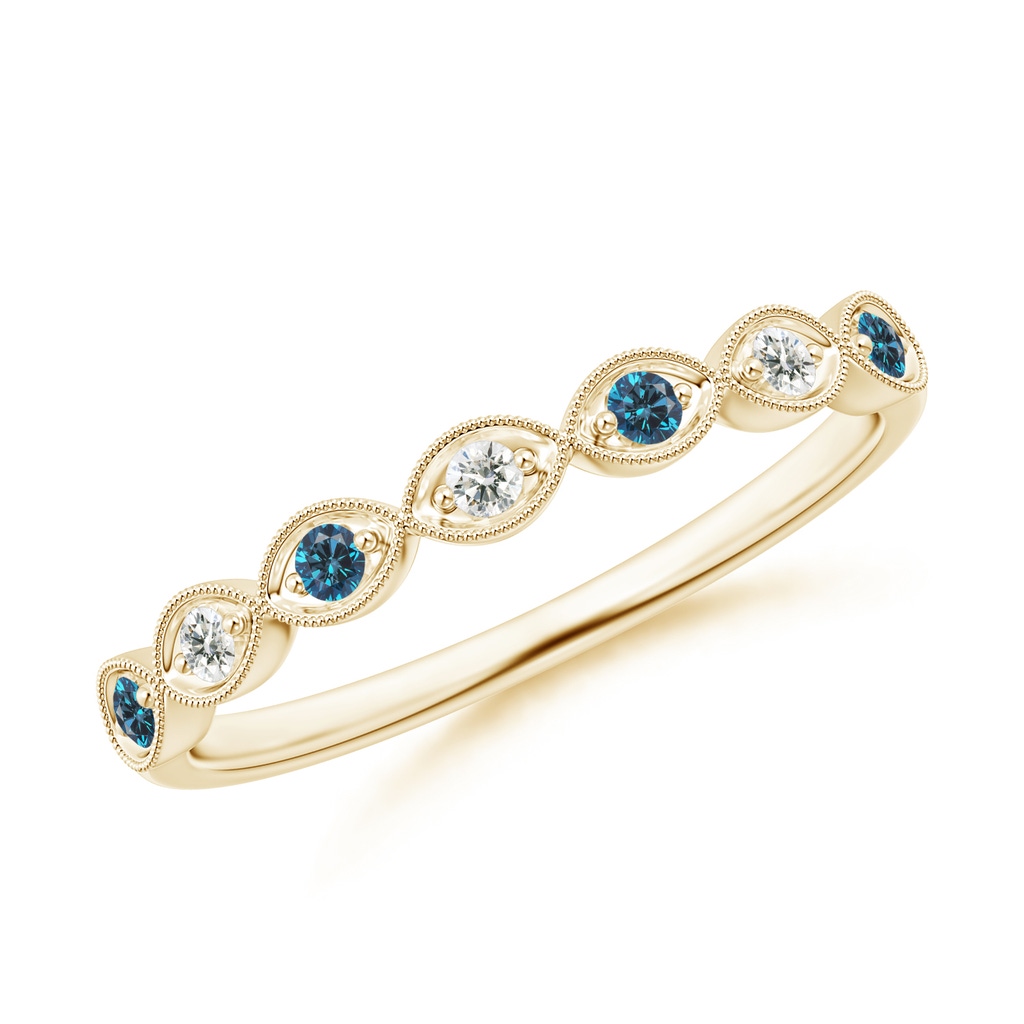 1.5mm AAA Pave Set Round Blue Diamond Milgrain Wedding Ring in Yellow Gold
