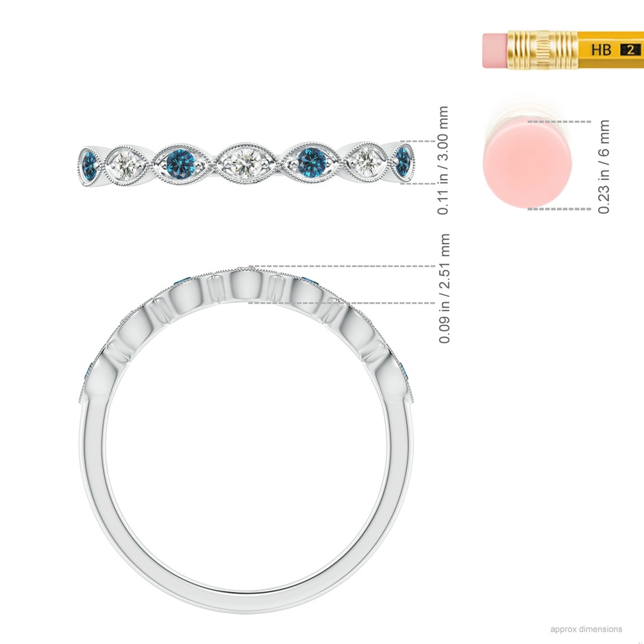 1.9mm AAA Pave Set Round Blue Diamond Milgrain Wedding Ring in P950 Platinum ruler