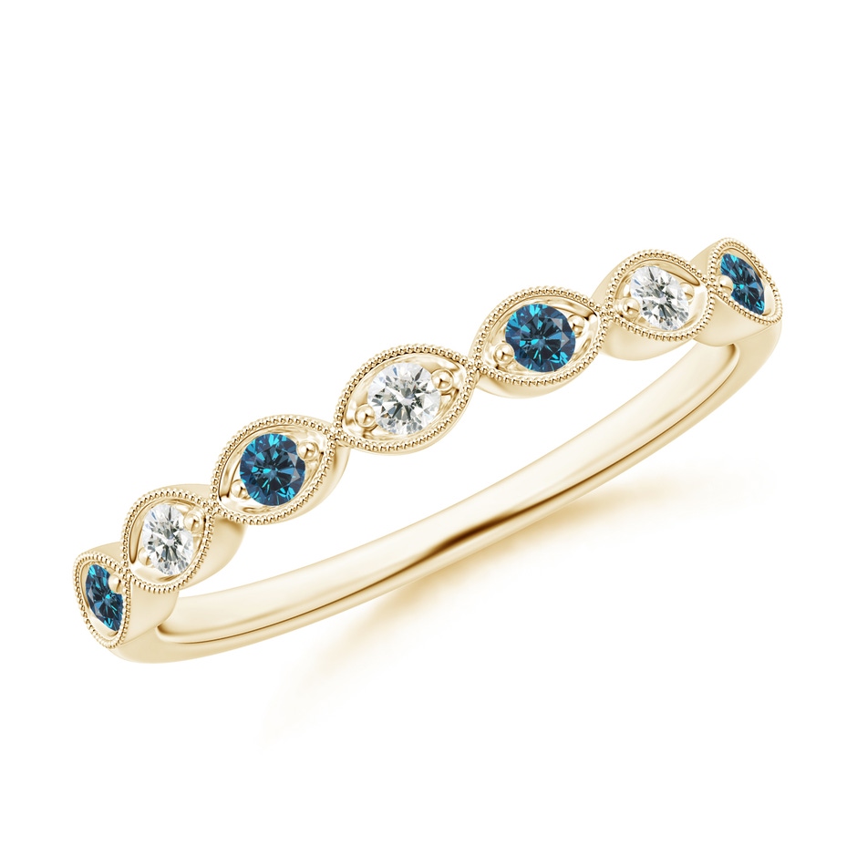 1.9mm AAA Pave Set Round Blue Diamond Milgrain Wedding Ring in Yellow Gold 