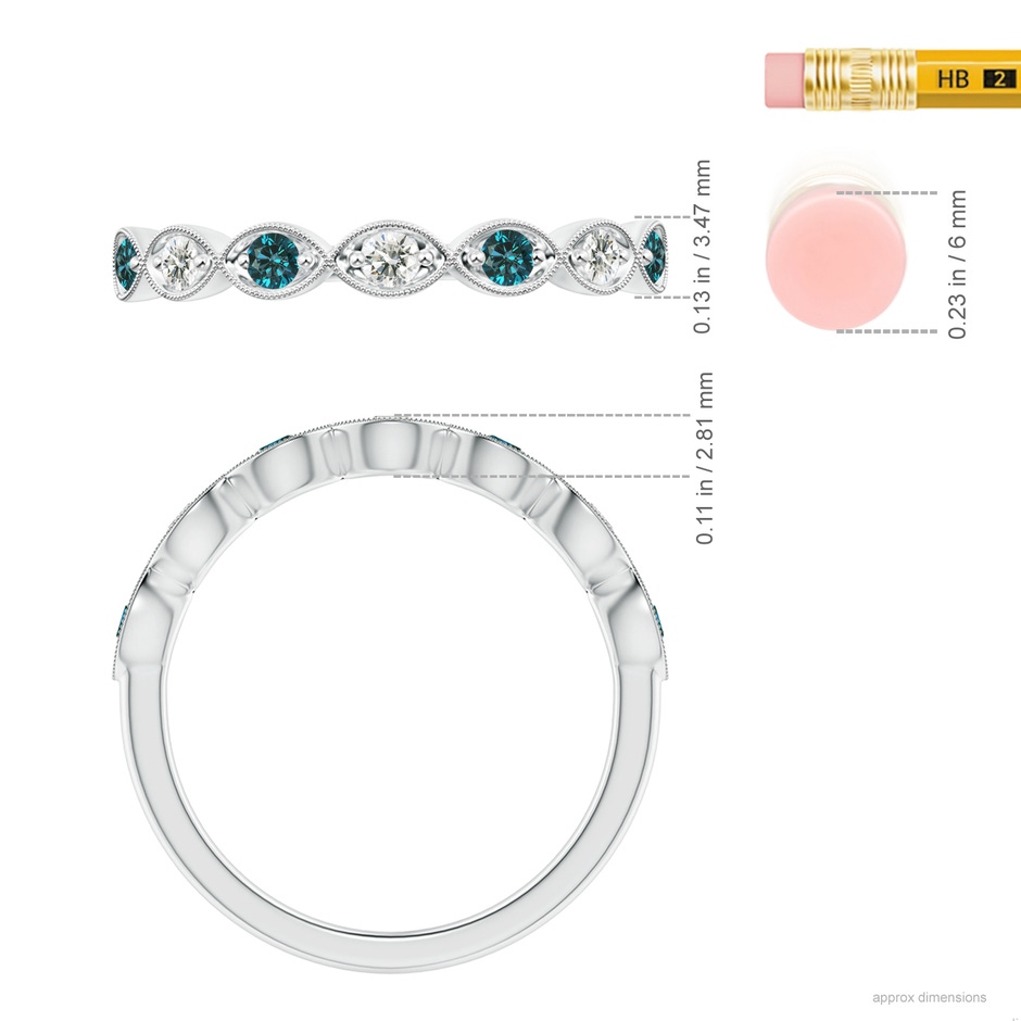 2.2mm AA Pave Set Round Blue Diamond Milgrain Wedding Ring in P950 Platinum ruler