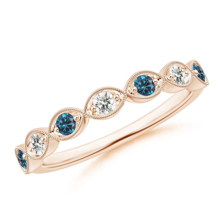 2.2mm AA Pave Set Round Blue Diamond Milgrain Wedding Ring in Rose Gold 