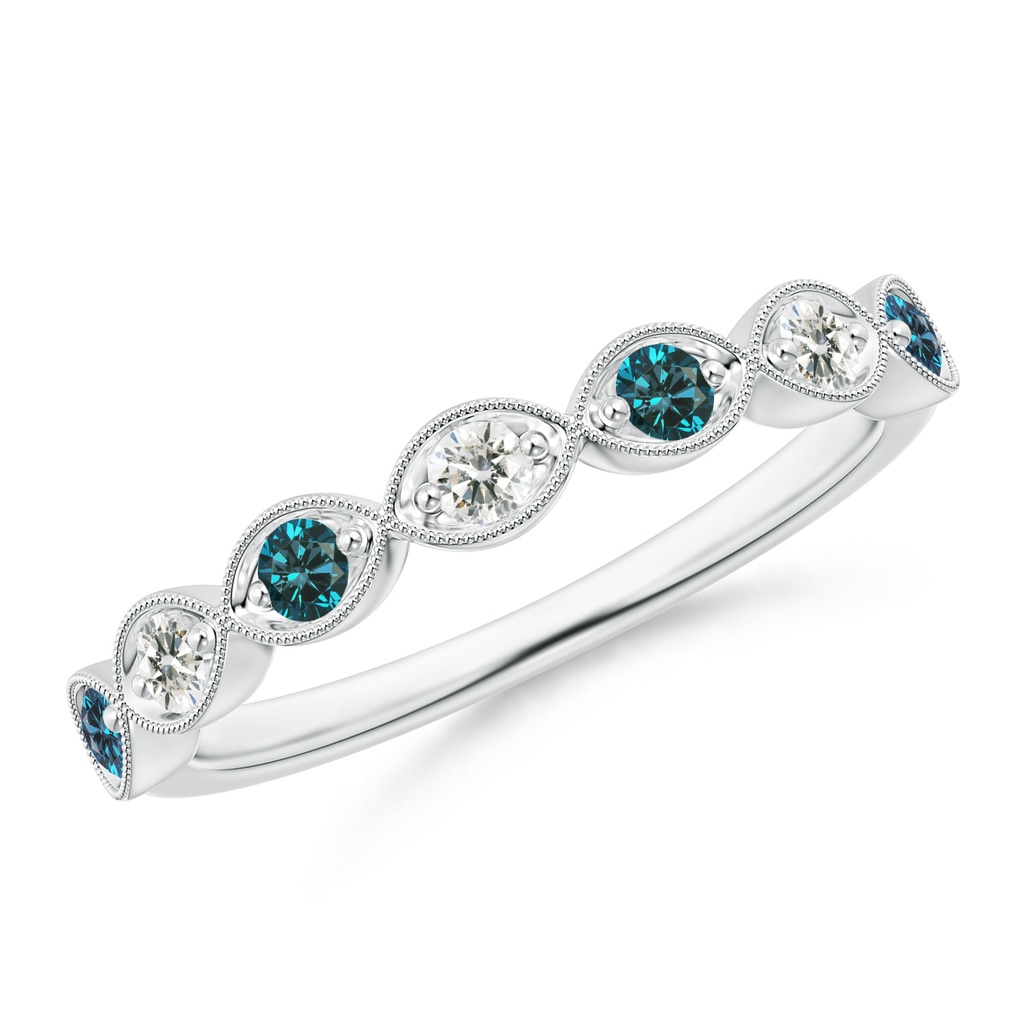 2.2mm AAA Pave Set Round Blue Diamond Milgrain Wedding Ring in 18K White Gold