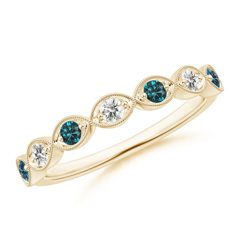 2.2mm AAA Pave Set Round Blue Diamond Milgrain Wedding Ring in Yellow Gold 