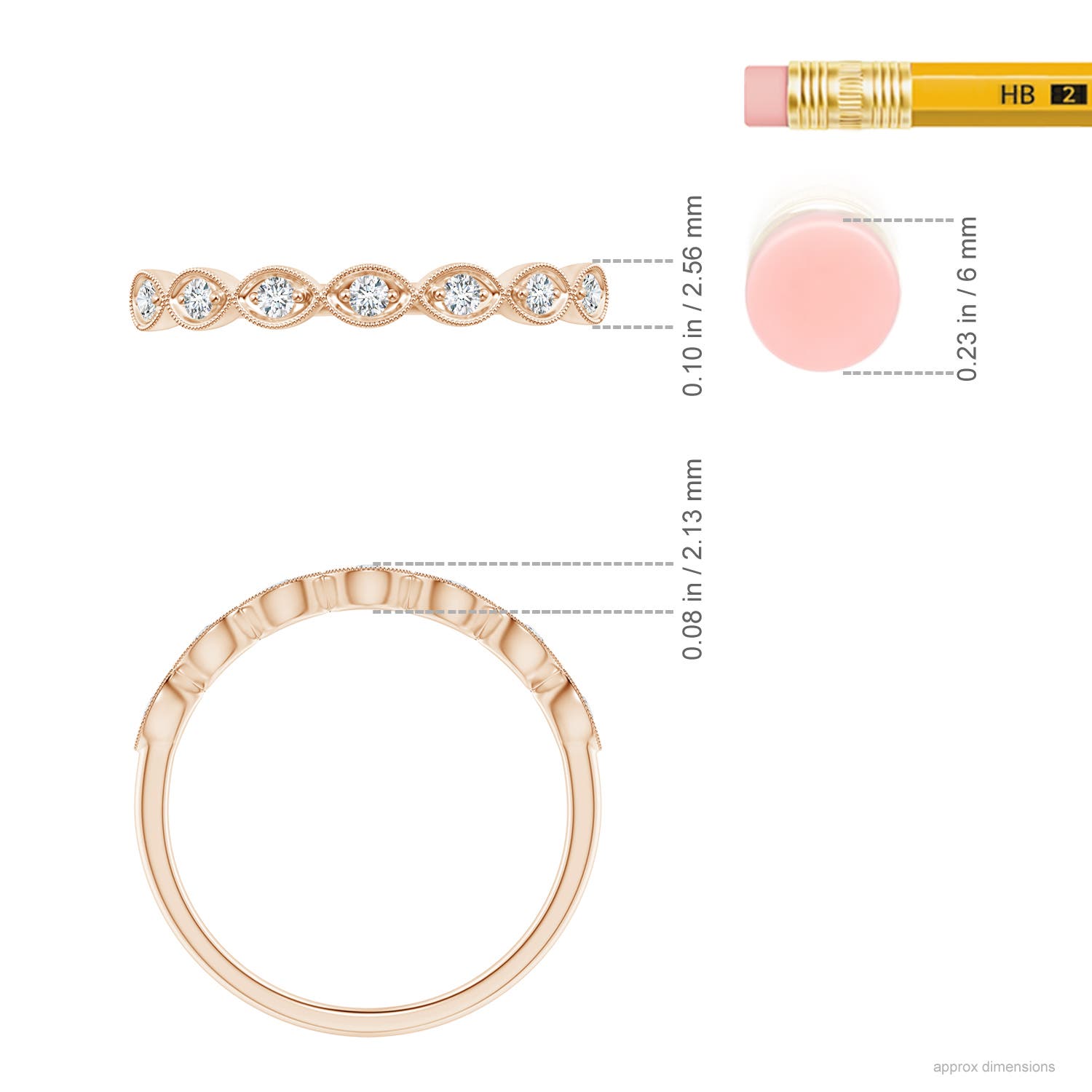 1.5mm GVS2 Pave Set Round Diamond Milgrain Wedding Ring in Rose Gold - ruler