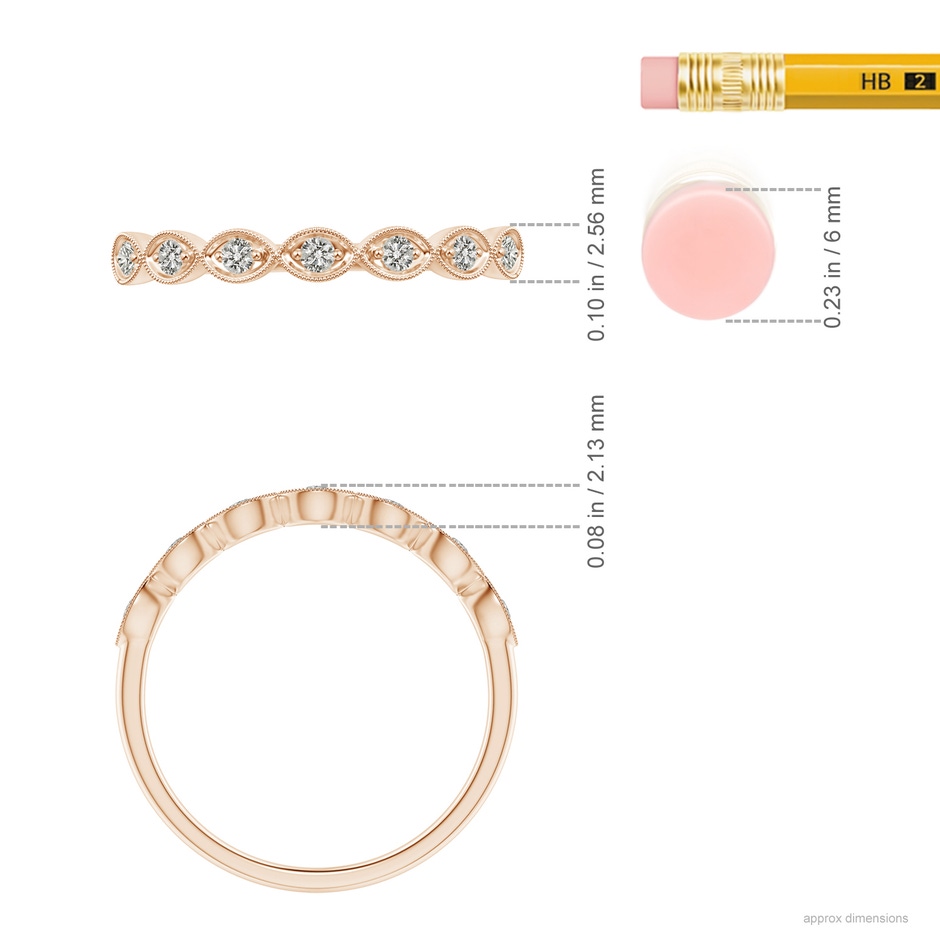 1.5mm KI3 Pave Set Round Diamond Milgrain Wedding Ring in Rose Gold ruler