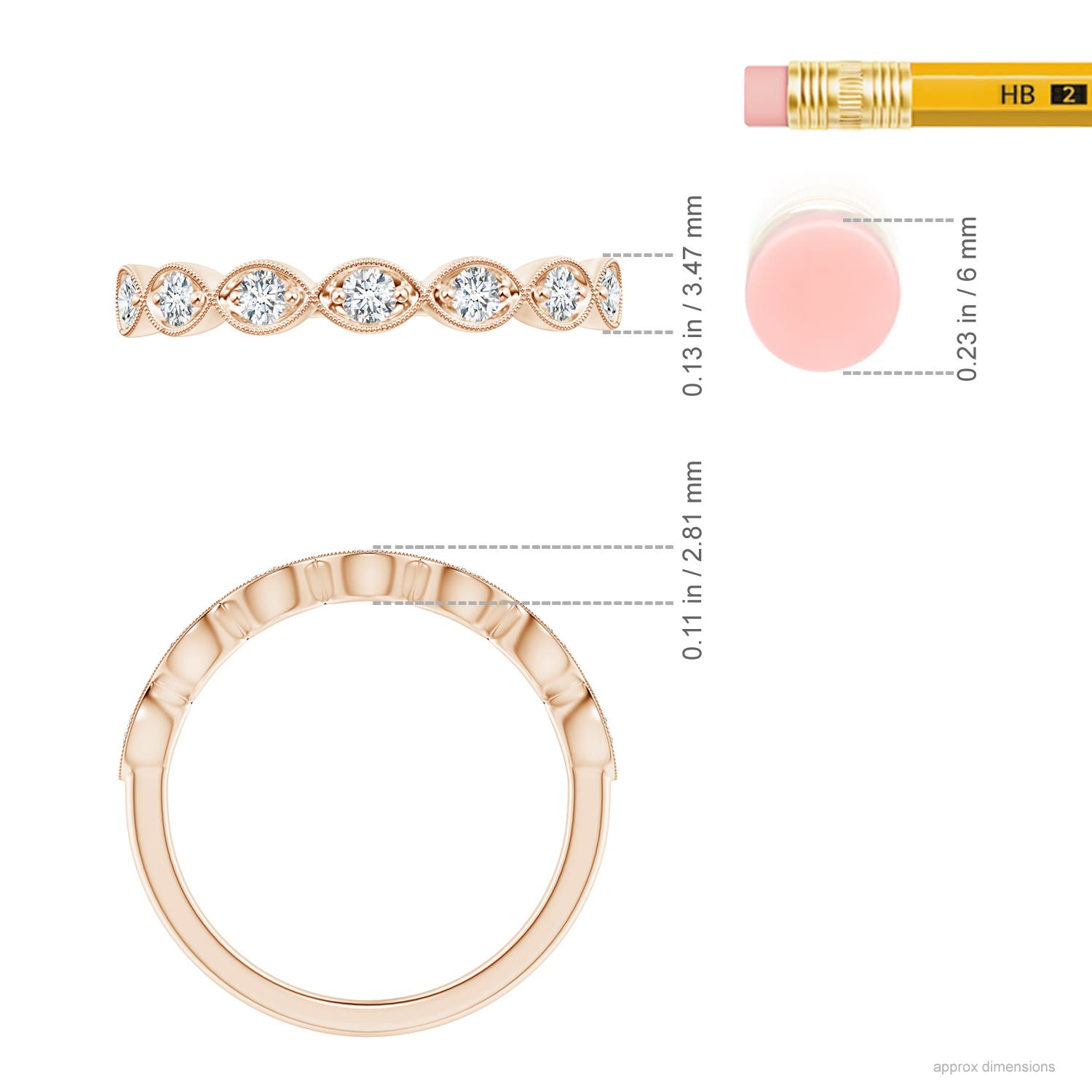 2.2mm GVS2 Pave Set Round Diamond Milgrain Wedding Ring in Rose Gold - ruler