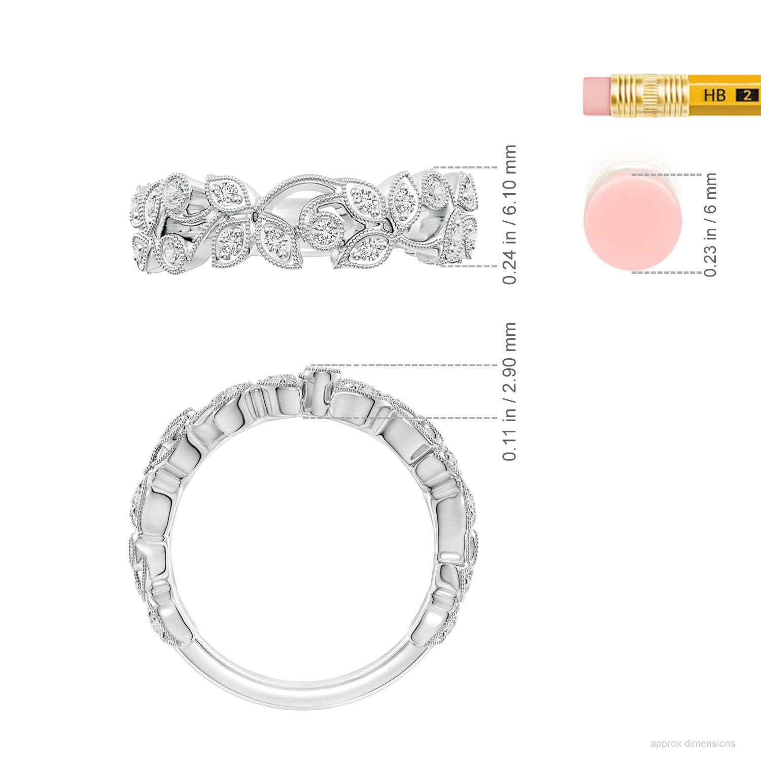 1.5mm HSI2 Nature Inspired Round Diamond Vine Ring in White Gold - ruler