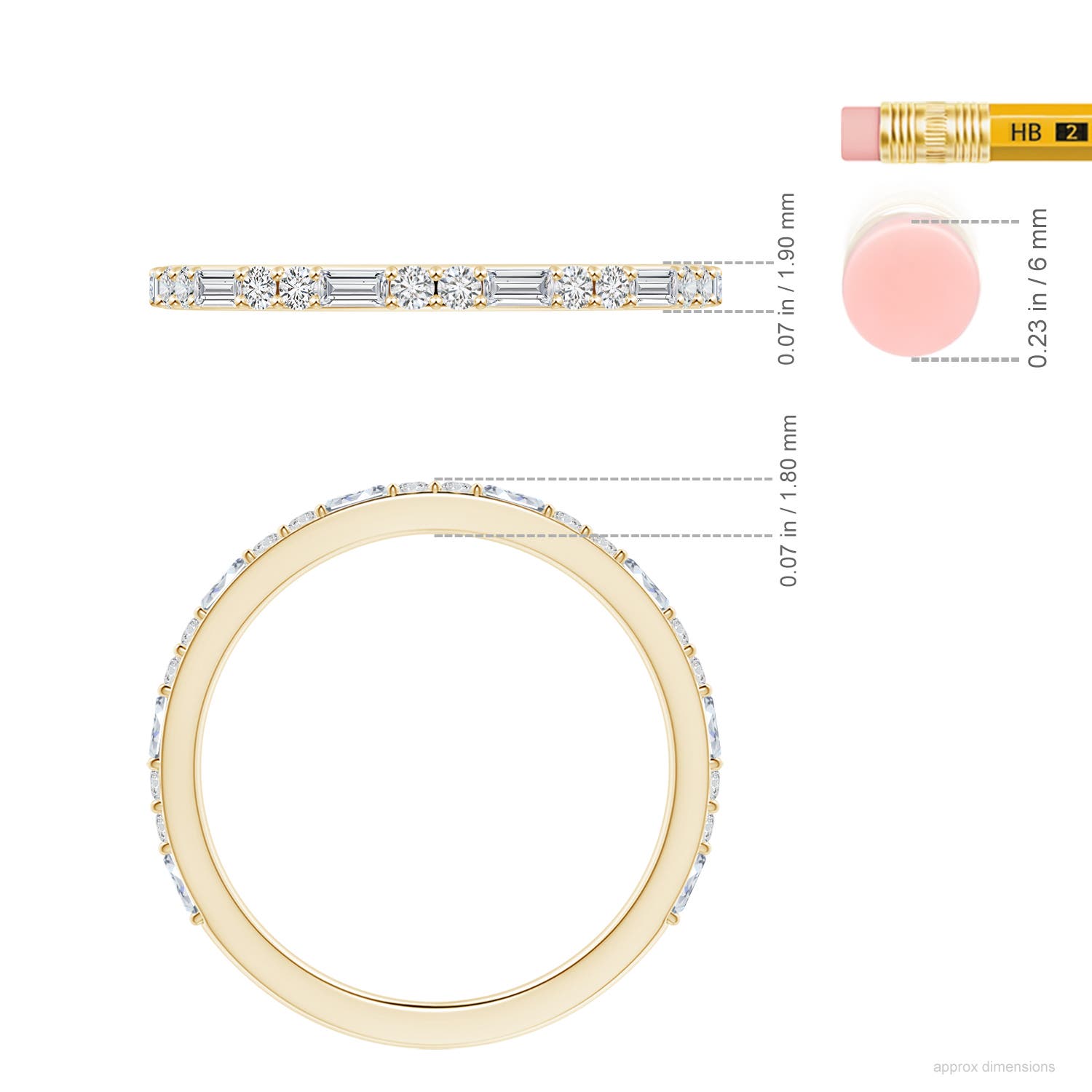 2.5x1.25mm HSI2 Baguette & Round Diamond Half Eternity Stackable Ring in Yellow Gold - ruler