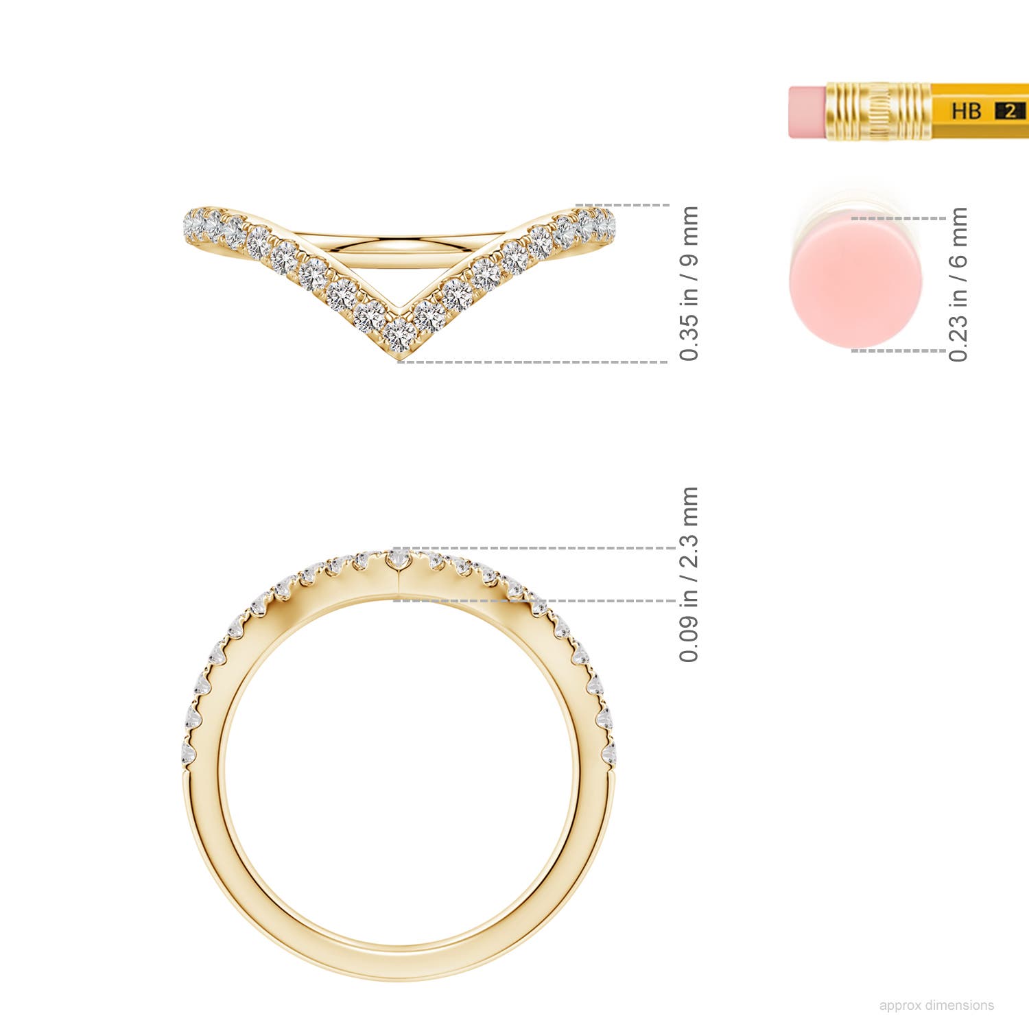 1.5mm IJI1I2 Diamond V-Shaped Contoured Wedding Ring in Yellow Gold - ruler