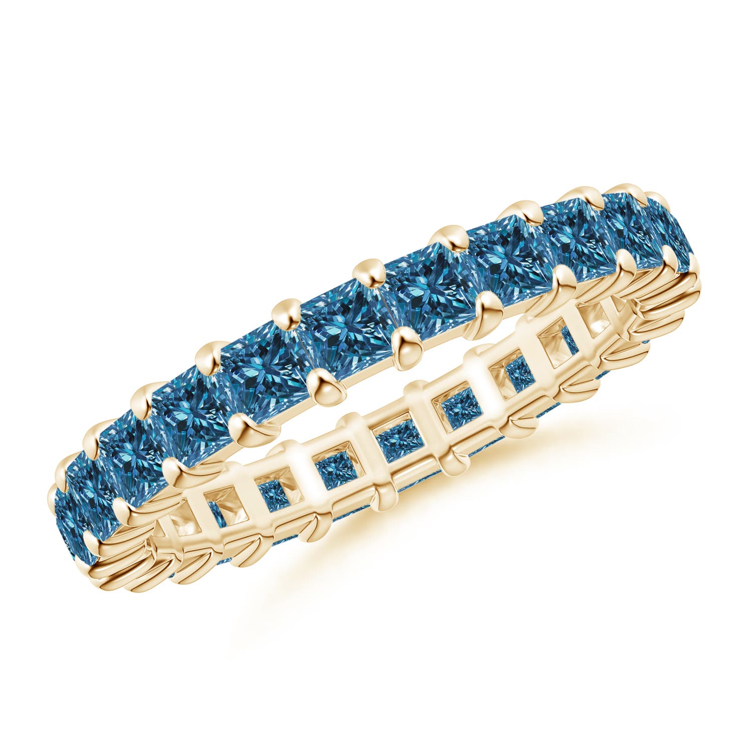 2.9mm AAA Prong Set Princess Enhanced Blue Diamond Eternity Wedding Ring in 55 Yellow Gold