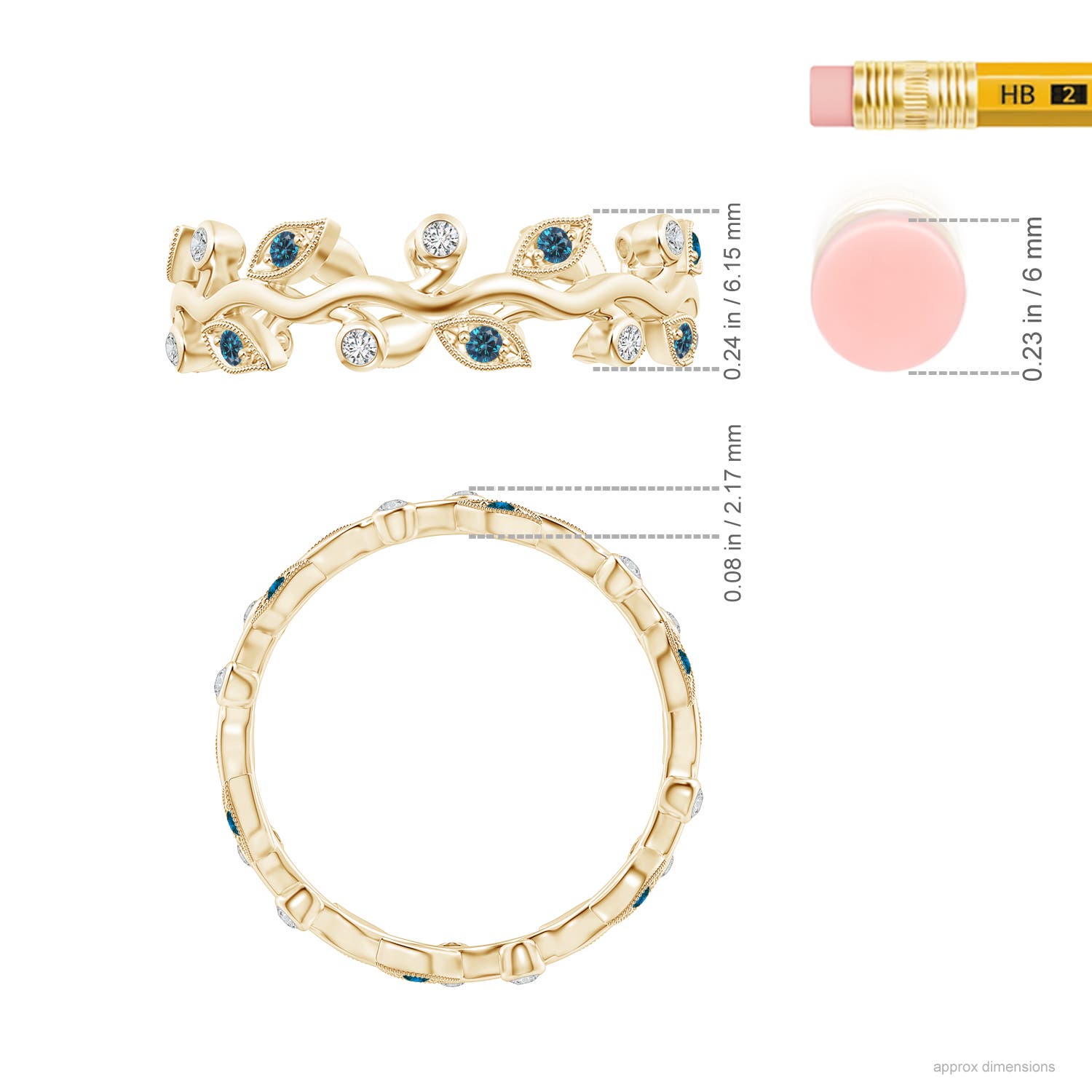 1.3mm AAA Enhanced Blue Diamond Vine and Leaf Eternity Ring in 55 18K Yellow Gold - ruler