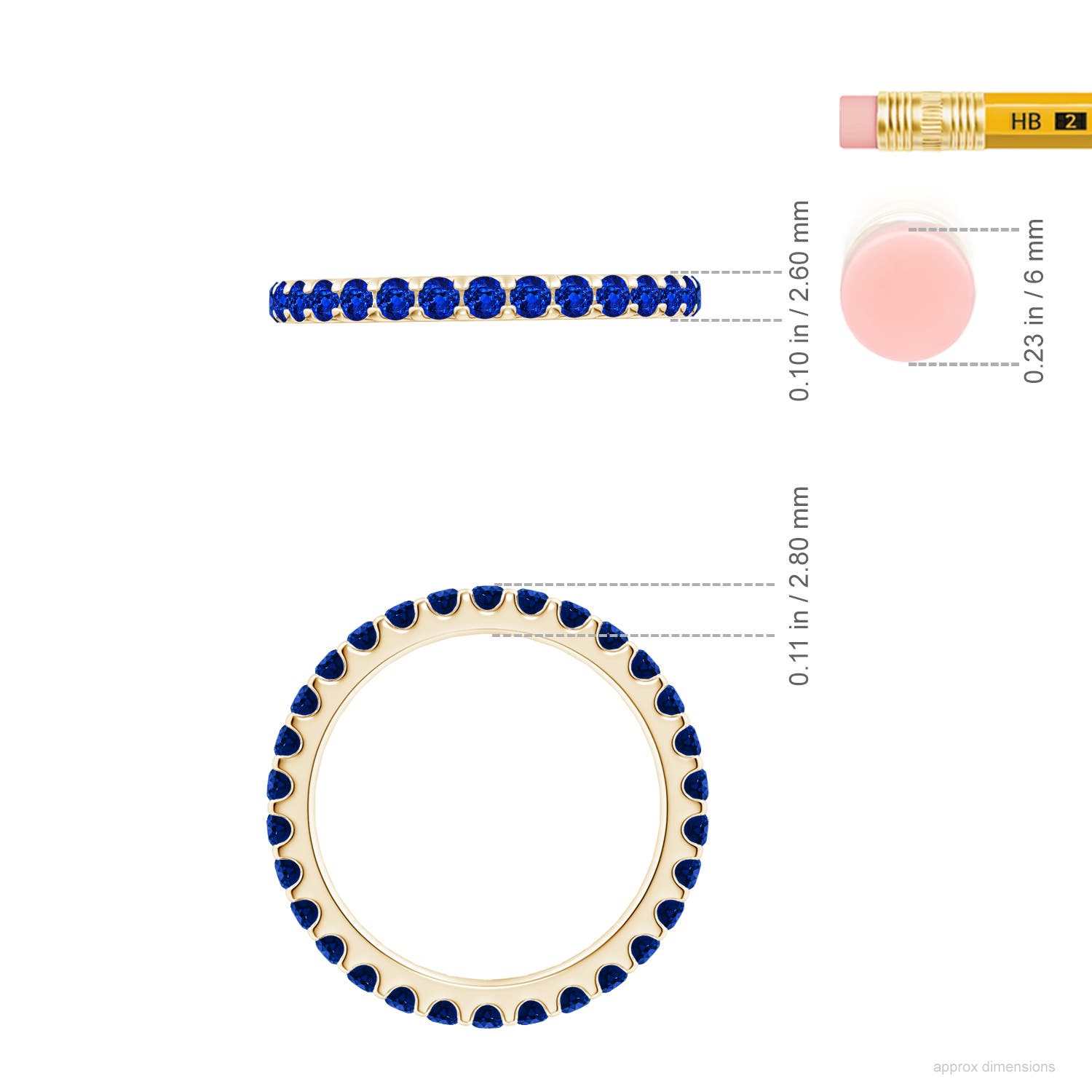 2mm AAAA Shared Prong Set Eternity Sapphire Wedding Ring in 70 Yellow Gold - ruler