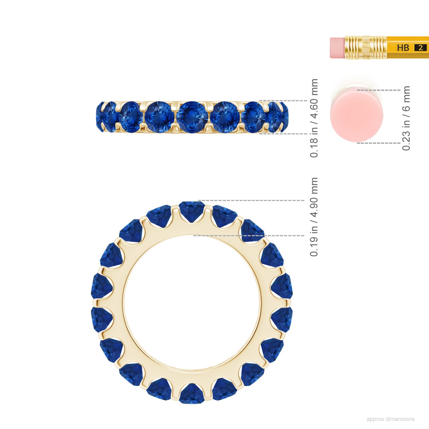 4mm AAA Shared Prong Set Eternity Sapphire Wedding Ring in 75 18K Yellow Gold - ruler