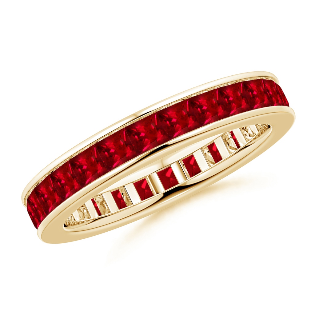 2.4mm AAAA Channel Set Square Ruby Eternity Wedding Ring in 75 18K Yellow Gold