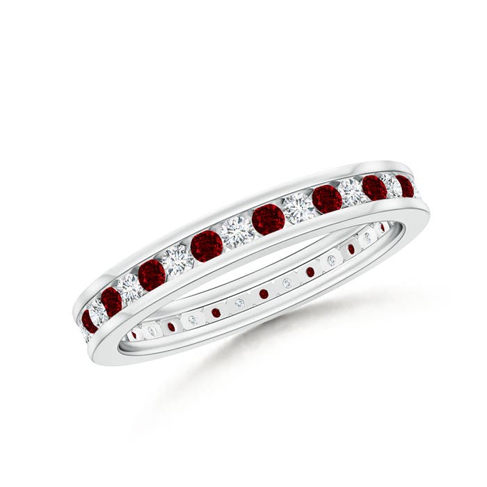 1.5mm AAAA Channel Set Ruby and Diamond Eternity Wedding Ring in 55 White Gold