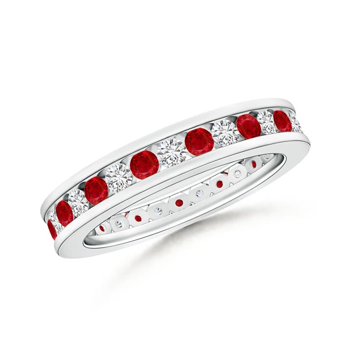 2mm AAA Channel Set Ruby and Diamond Eternity Wedding Ring in 55 White Gold