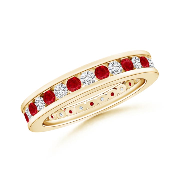 2mm AAA Channel Set Ruby and Diamond Eternity Wedding Ring in 55 Yellow Gold