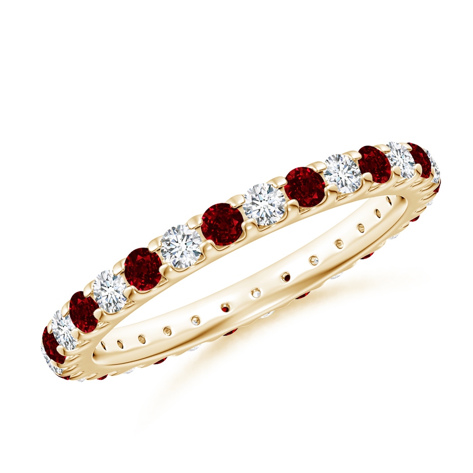 2mm AAAA Shared Prong Ruby and Diamond Eternity Band in 60 Yellow Gold 