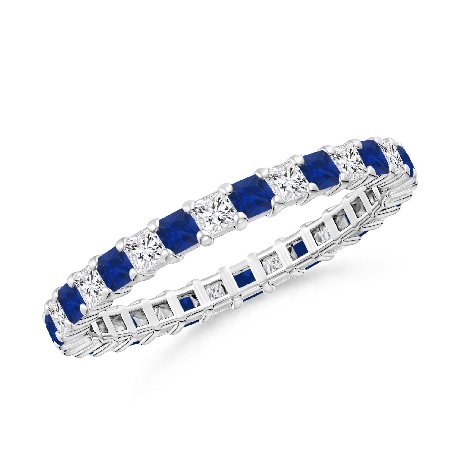 1.8mm AAA Shared Prong Square Sapphire and Diamond Eternity Ring in 60 White Gold