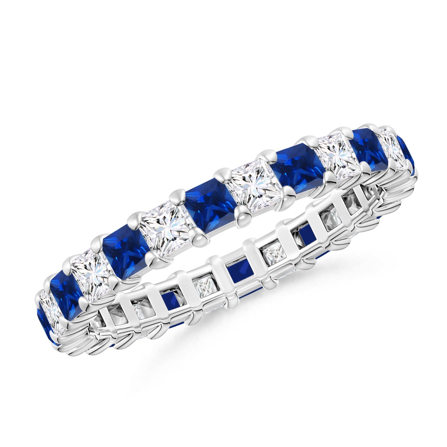 2.3mm AAAA Shared Prong Square Sapphire and Diamond Eternity Ring in 60 White Gold