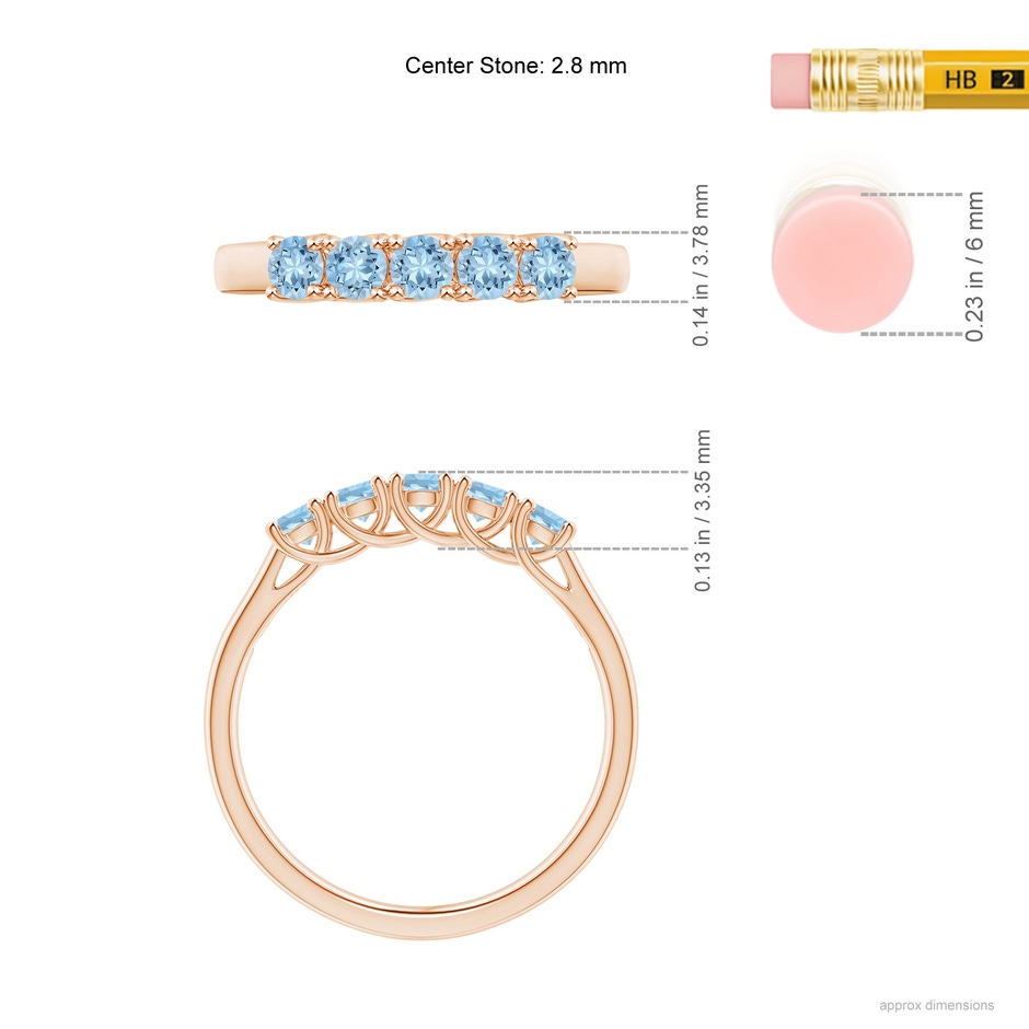 2.8mm AAA Half Eternity Five Stone Aquamarine Wedding Ring in 18K Rose Gold ruler
