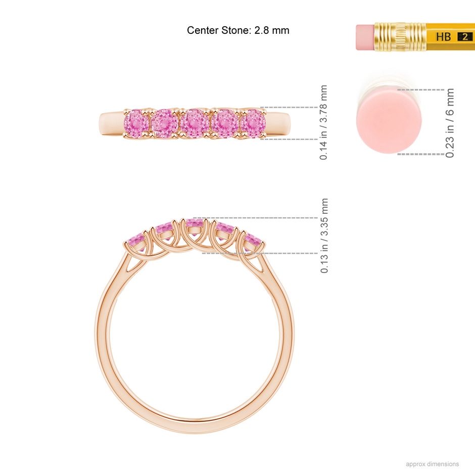 2.8mm A Half Eternity Five Stone Pink Sapphire Wedding Ring in Rose Gold ruler