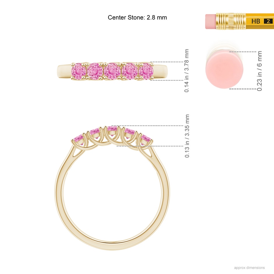 2.8mm A Half Eternity Five Stone Pink Sapphire Wedding Ring in Yellow Gold ruler