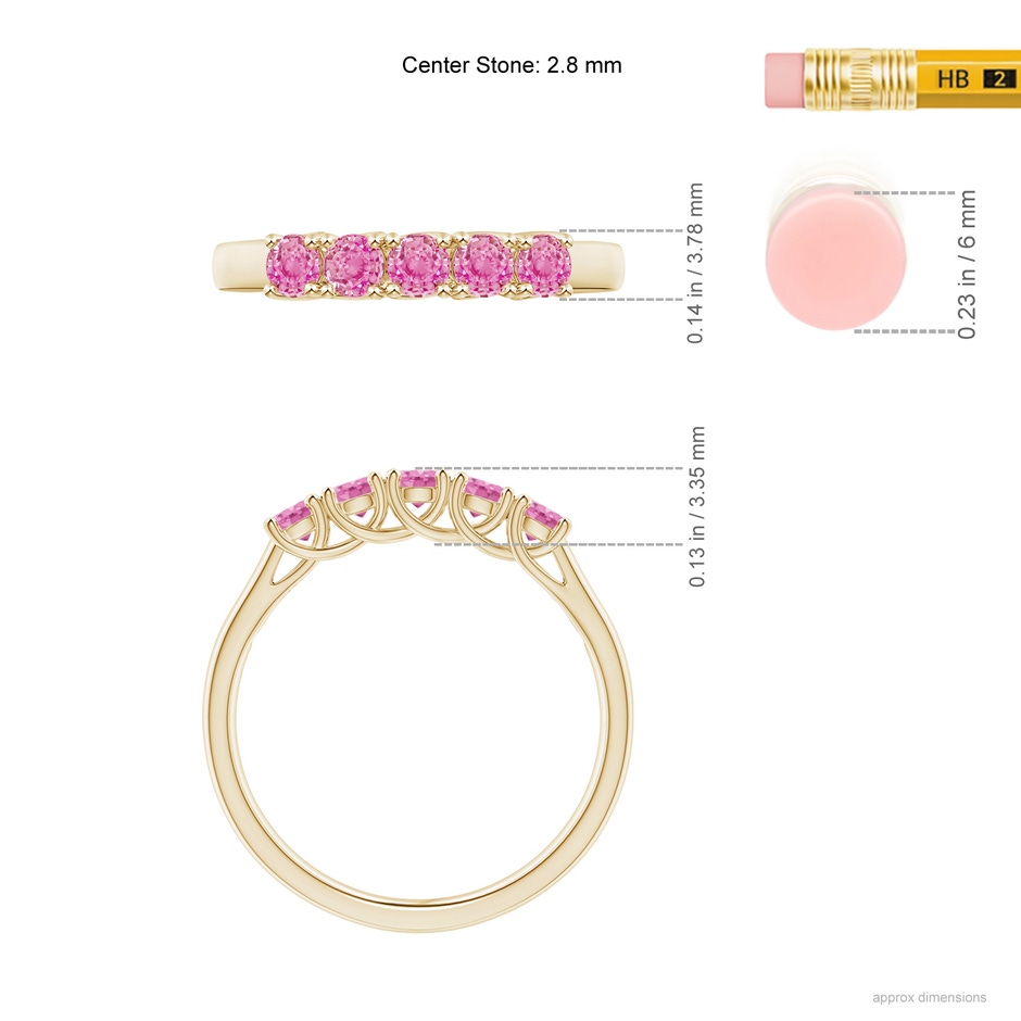 2.8mm AA Half Eternity Five Stone Pink Sapphire Wedding Ring in Yellow Gold ruler