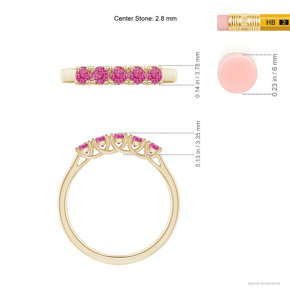 2.8mm AAA Half Eternity Five Stone Pink Sapphire Wedding Ring in Yellow Gold ruler