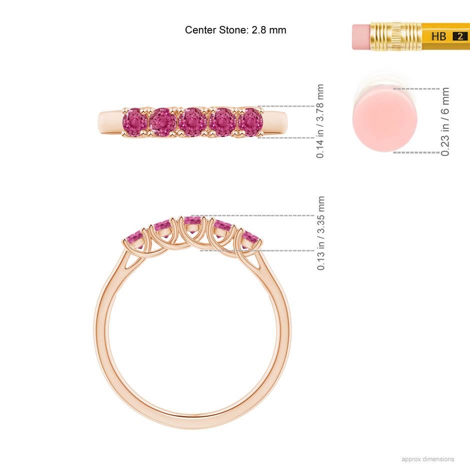 2.8mm AAAA Half Eternity Five Stone Pink Sapphire Wedding Ring in Rose Gold ruler